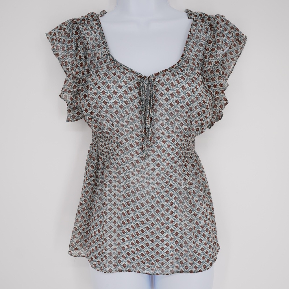 GUESS Blouse Womens M Blue Scoop Neck Flutter Short Sleeve Ruffle Tunic Chiffon